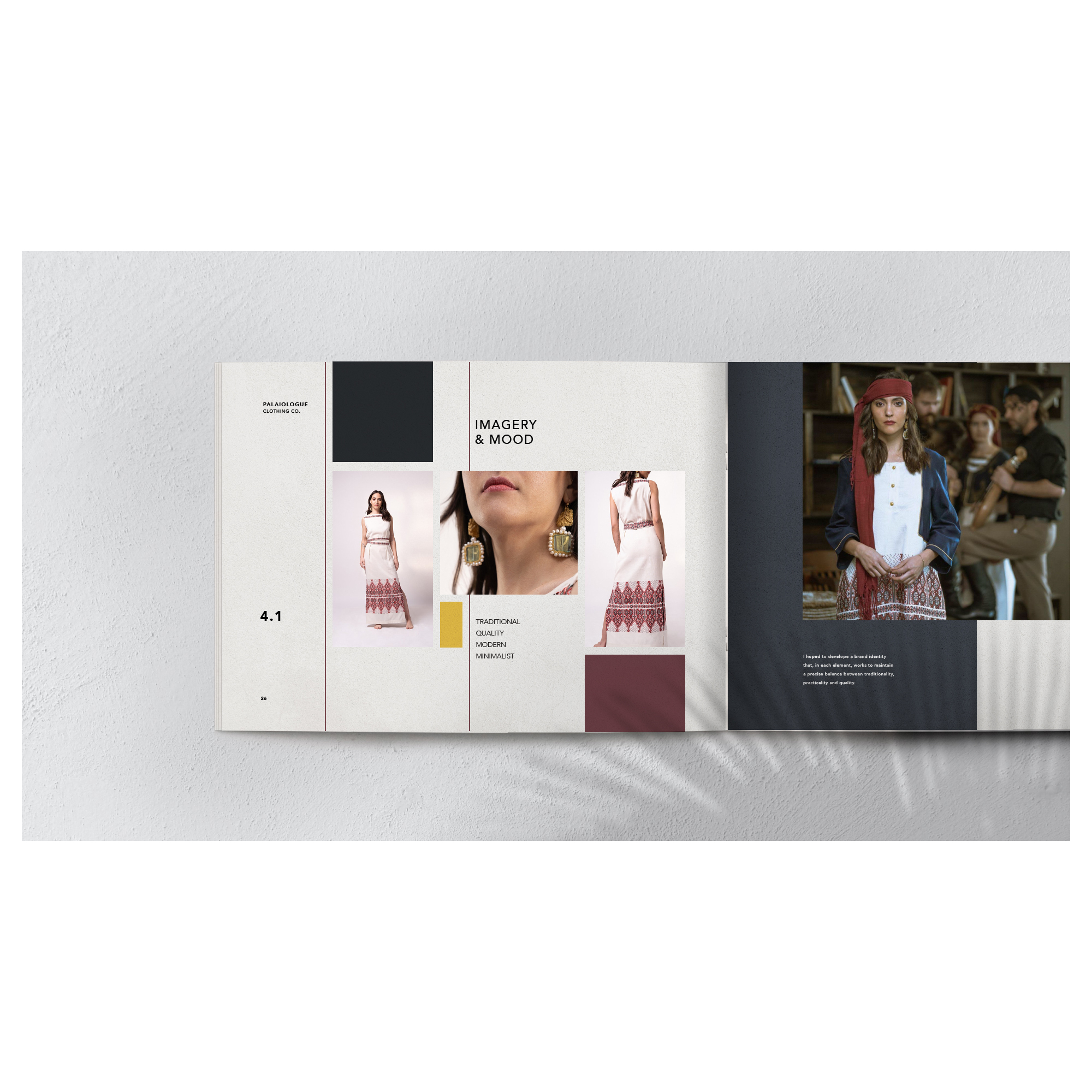 Palaiologue editorial layout and brand application spread